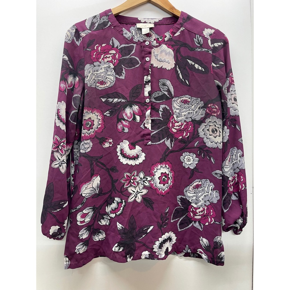 LOFT Womens Medium Plum Purple Floral Henley Blouse Long Sleeve Top